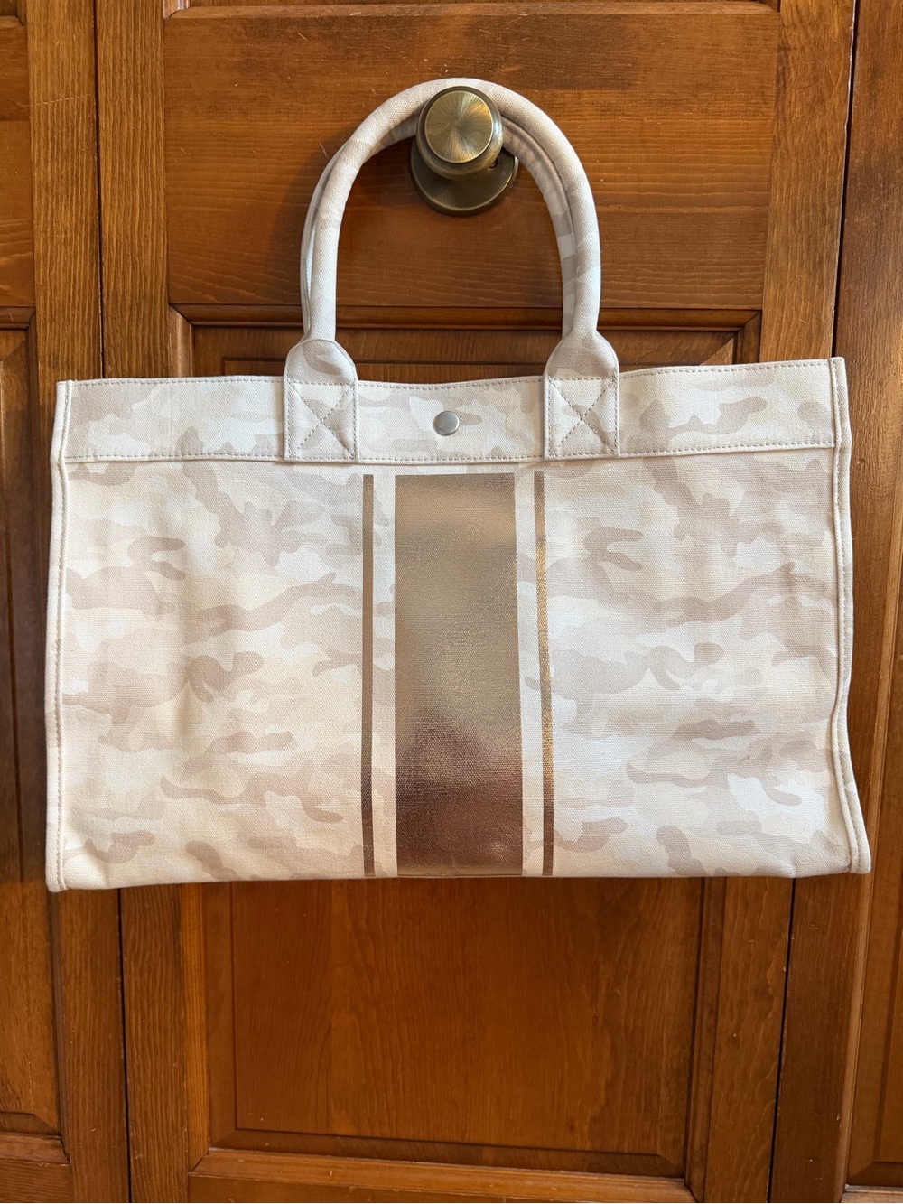 Beige Camo Canvas Tote with Metallic Bronze Center Stripe